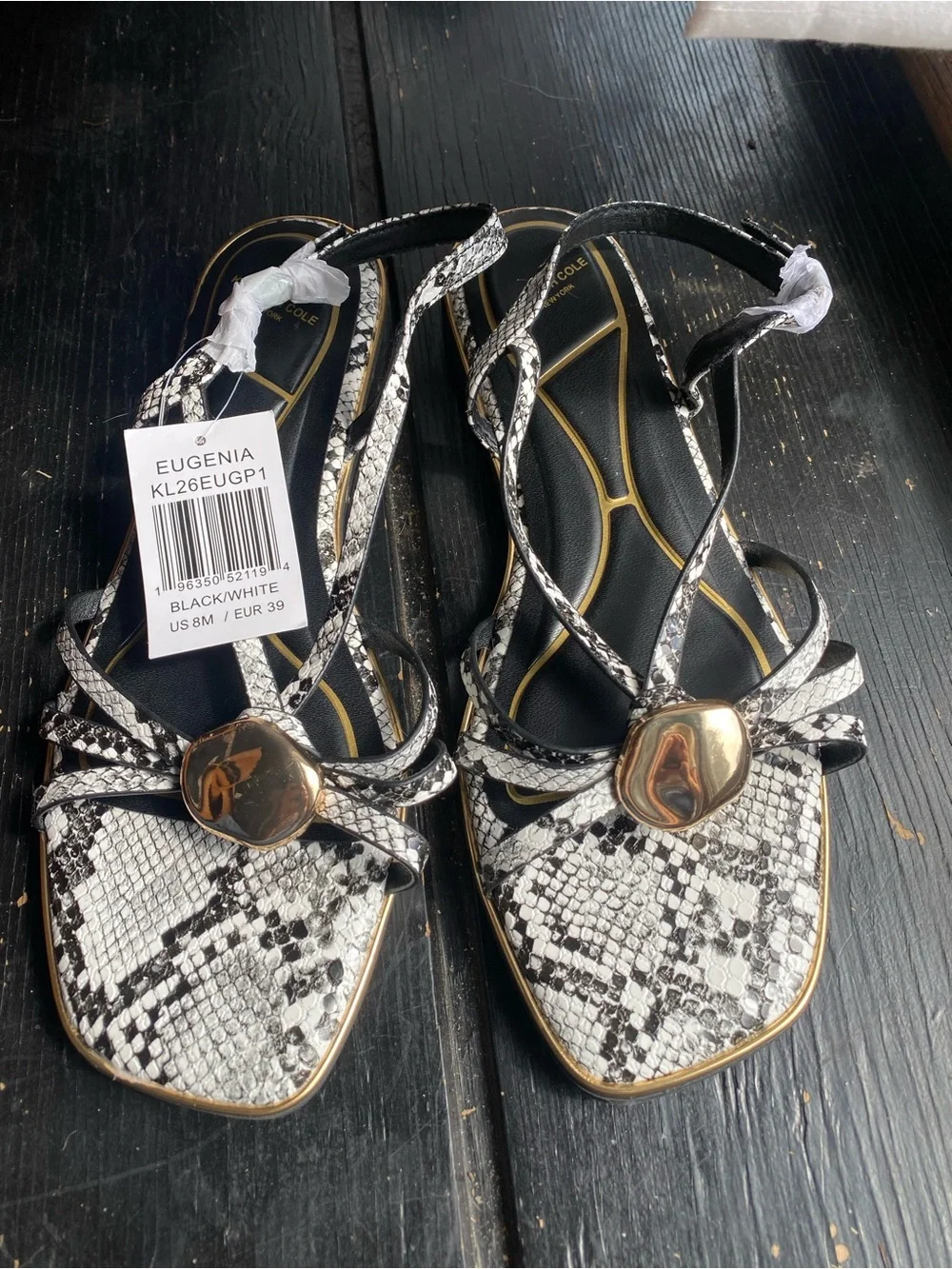 Michael Kors Black & White Snake-Print Strappy Sandals with Gold Medallion